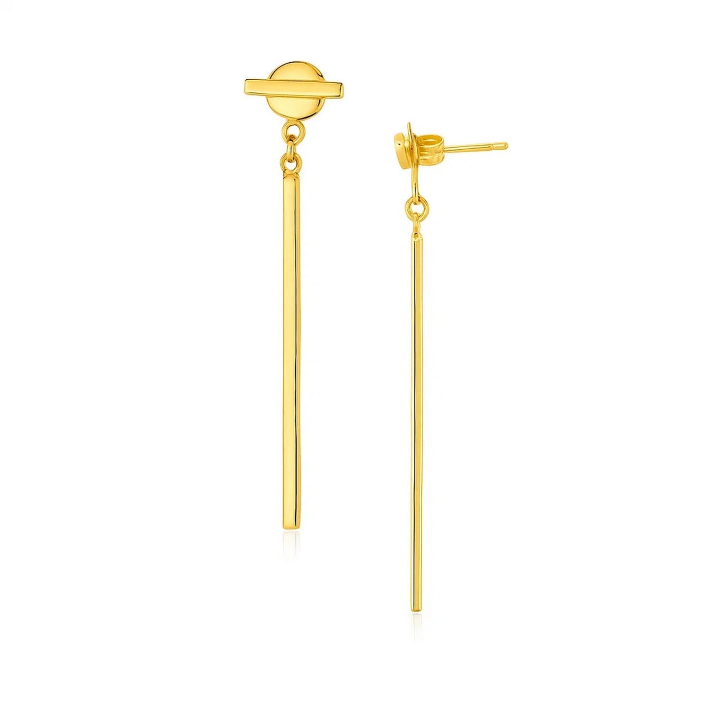 14k Yellow Gold Modern Disc and Bar Drop Earrings