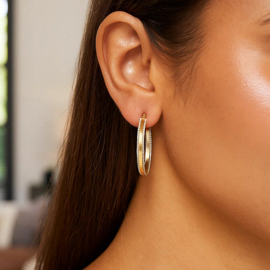 14K Two Tone Gold Diamond Cut Round Hoop Earrings