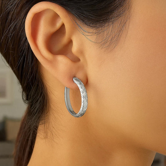 14k White Gold Hammered Oval Hoop Earrings