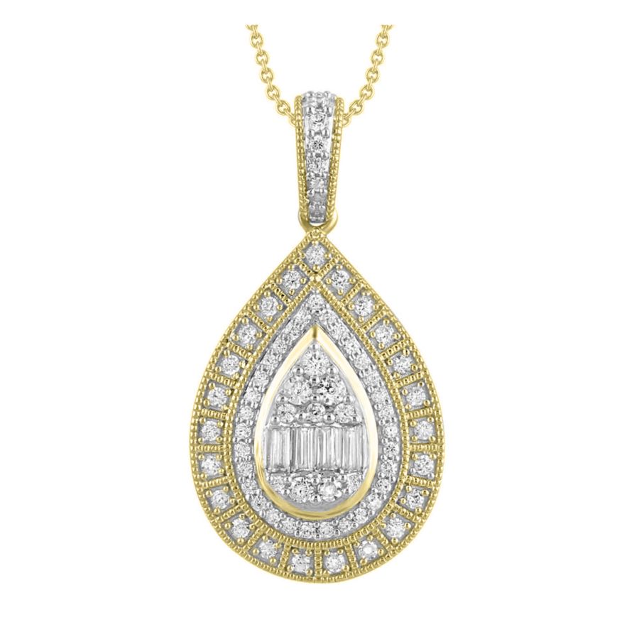 LADIES PENDANT WITH CHAIN 0.50CT ROUND/BAGUETTE DIAMOND 10K YELLOW GOLD