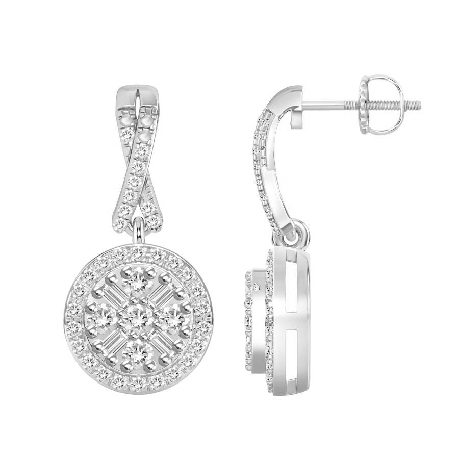 LADIES EARRINGS 0.30CT ROUND/BAGUETTE DIAMOND 10K WHITE GOLD