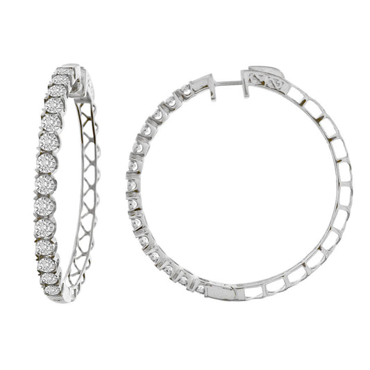 LADIES HOOP EARRINGS 2.00CT ROUND DIAMOND 10K WHITE GOLD