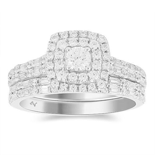 LADIES BRIDAL SET 1.00CT ROUND/BAGUETTE DIAMOND 14K WHITE GOLD