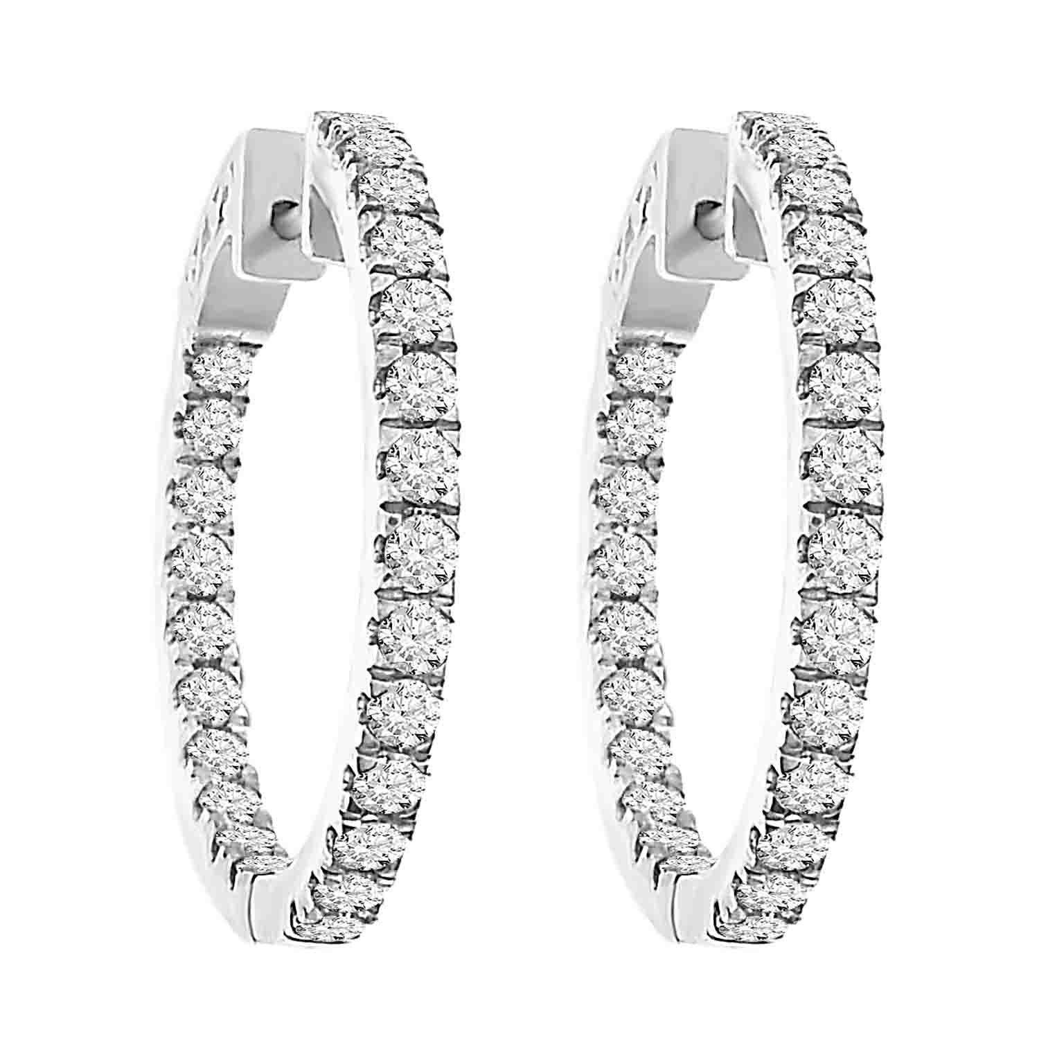 LADIES HOOPS EARRINGS 2.00CT ROUND DIAMOND 14K WHITE GOLD