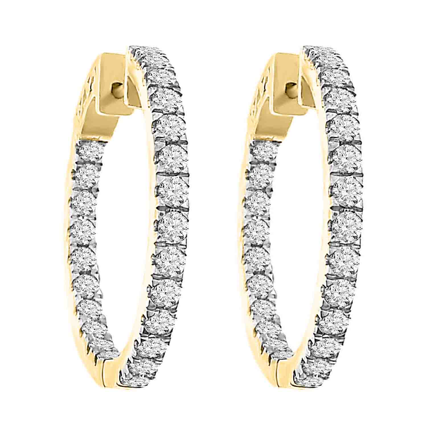 LADIES HOOP EARRINGS 2.00CT ROUND DIAMOND 14K YELLOW GOLD (SI QUALITY)