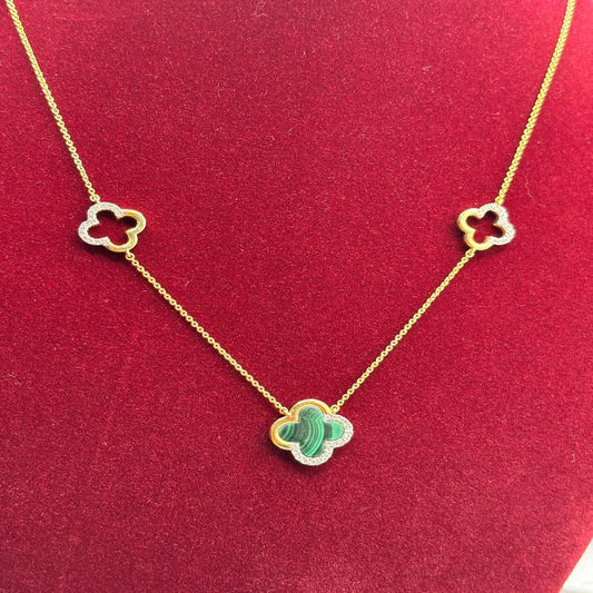 18K gold chain with Malachite and diamond pendants